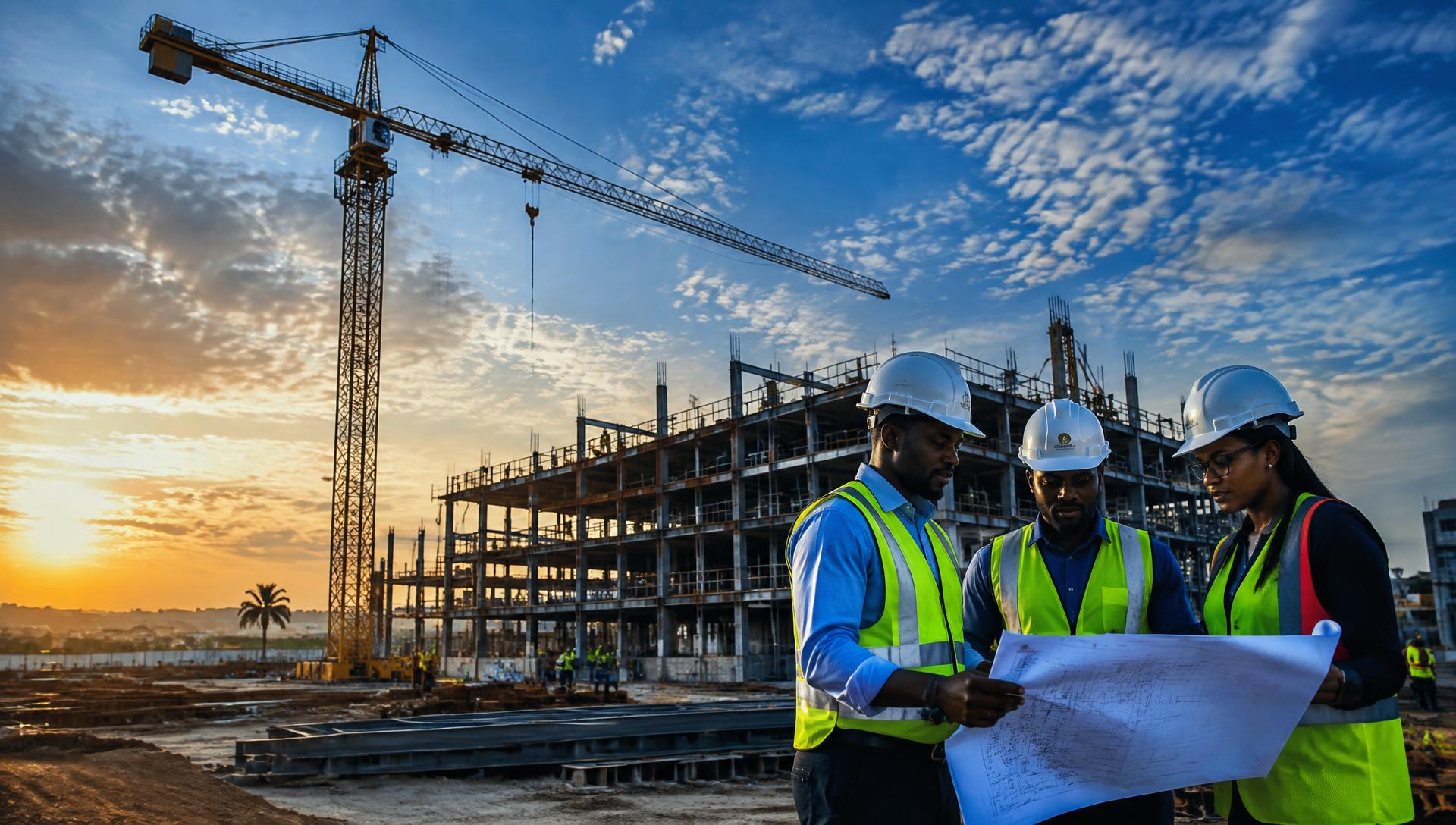 Engineers reviewing blueprints at a construction site with a tower crane
